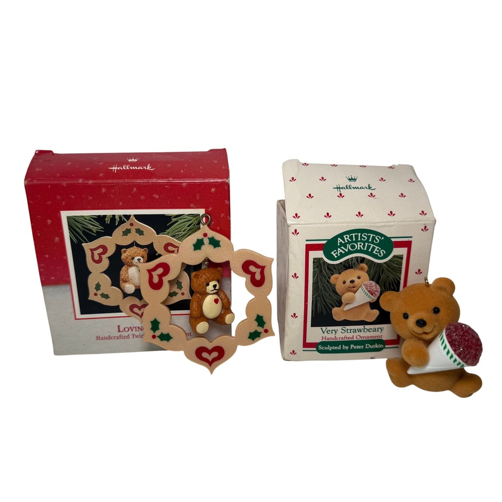 Vintage 1988 Hallmark Keepsake Ornament 2pc Set Loving Bear‎ & Very Strawbeary